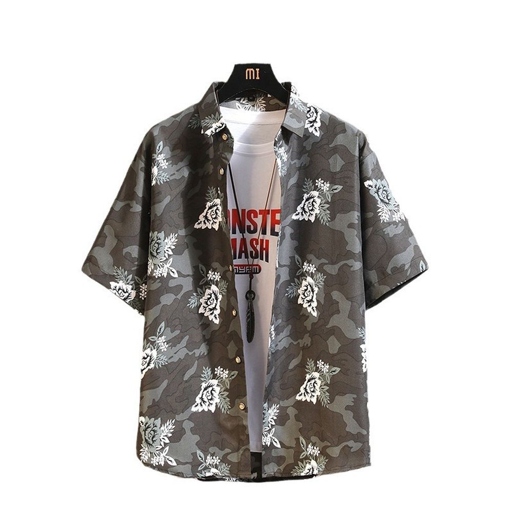 Men's Fashion Color Matching Printed Casual Short-Sleeved Shirt